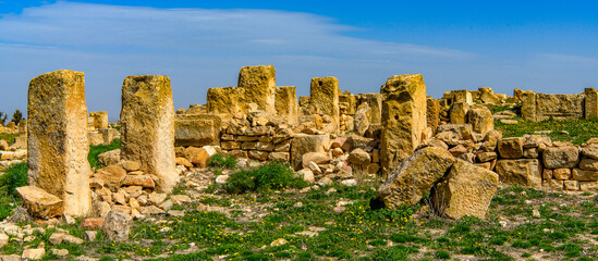 Ruins on the grass of Madauros, a Roman-Berber city in the old province of Numidia, Algeria