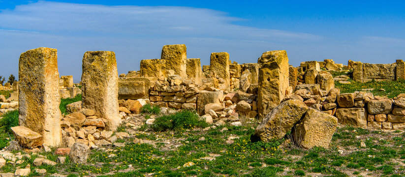 Ruins on the grass of Madauros, a Roman-Berber city in the old province of Numidia, Algeria