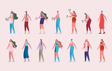 Women cartoons with sportswear and weights design, Gym sport bodybuilding and exercise theme Vector illustration