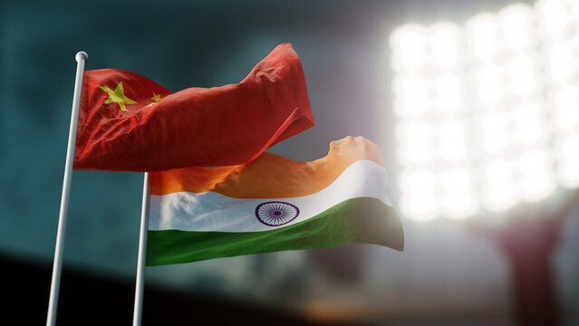 China And India Flags Waving On Wind. 3d Illustration