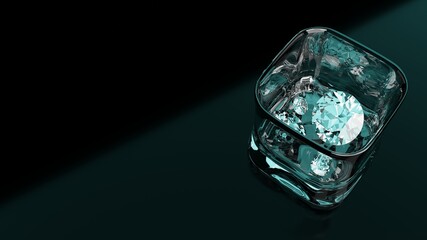 Glass with diamonds on black background with soft blue light
