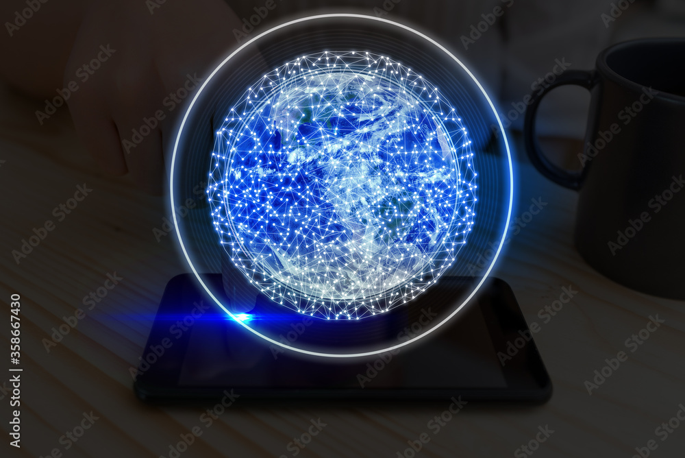 Poster digital image of distant solar system showing global technology networks. elements of this image fur