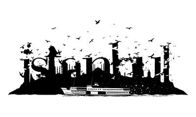 Silhouettes of istanbul. Seagulls, old passenger ferry and architectural structures. vector drawing