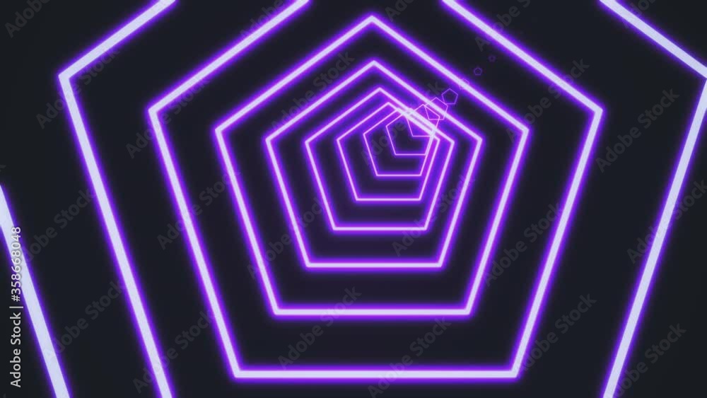 Poster neon pentagon tunnel abstract motion background. pentagon composed of vivid orange lines and camera 