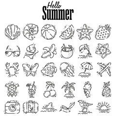 Thin line icons set of summer and beach. Outline symbol collection.