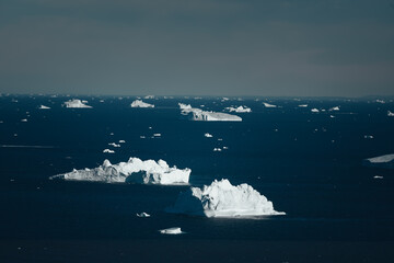 Mer d'icebergs à la dérive, baie de Disko, Groenland.