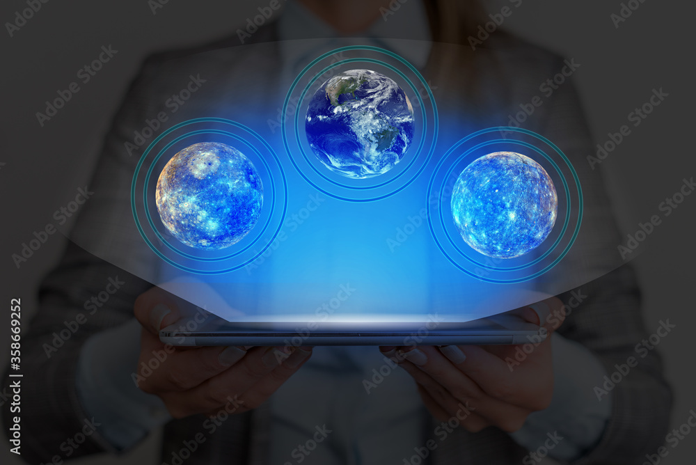 Poster digital image of distant solar system showing global technology networks. elements of this image fur