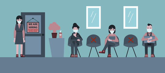 Job interview human resource. Hiring job concept wearing face mask after pandemia. Stock vector illustration in flat.