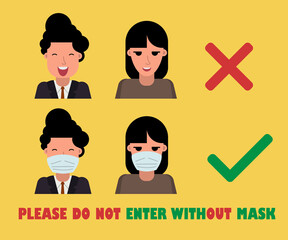 Attention sign, please wear mask avoid covid-19 virus on yellow background. Stock vector illustration in flat.
