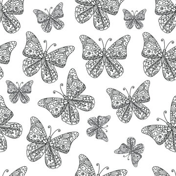 Seamless pattern with silhouettes black butterflies on white background. Good for fabric print, wrapping, wallpapers, antistress coloring page for adults and kids, etc. Vector illustration.