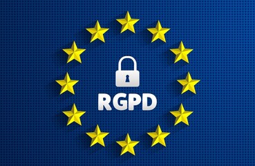 RGPD - French: Reglement general sur la protection des donnees means: GDPR - General Data Protection Regulation. EU flag. Vector illustration