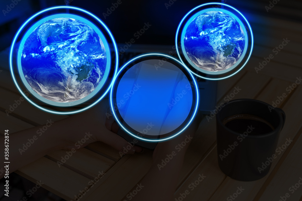 Poster digital image of distant solar system showing global technology networks. elements of this image fur