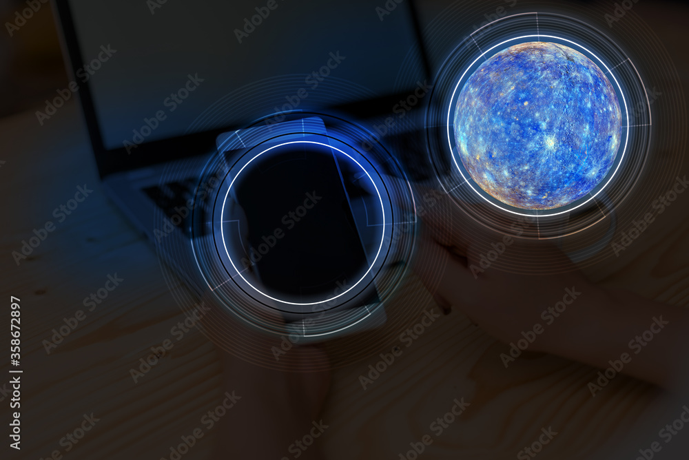 Poster digital image of distant solar system showing global technology networks. elements of this image fur