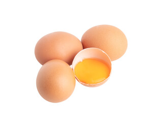 three eggs and broken raw egg isolated