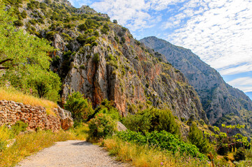 Fototapeta na wymiar It's Delphi, an archaeological site in Greece, at the Mount Parnassus. Delphi is famous by the oracle at the sanctuary dedicated to Apollo. UNESCO World heritage