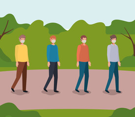 Social distancing between boys with masks at park design of Covid 19 virus theme Vector illustration