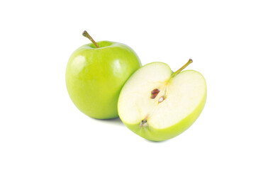 Whole green apple and half isolated on white background.