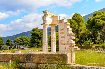 It's Ruins of Asklepieion, the Greek god of medicine, Epidaurus, Peloponnese, Greece. Sanctuary of Asclepius at Epidaurus. UNESCO World Heritage