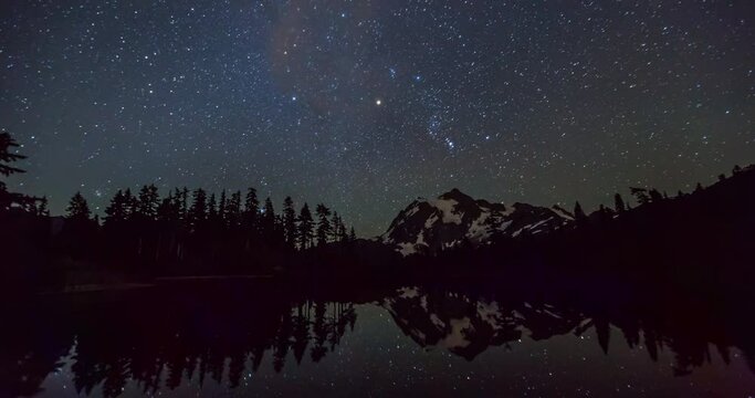 Lockdown time lapse shot of stars reflection on Picture Lake from night to day - Mount Baker, Washington