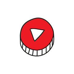 Red video button. White triangle in a circle.