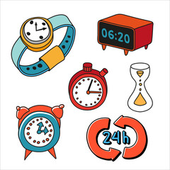 A set of watches (wristwatch, timer, hourglass, alarm clock).