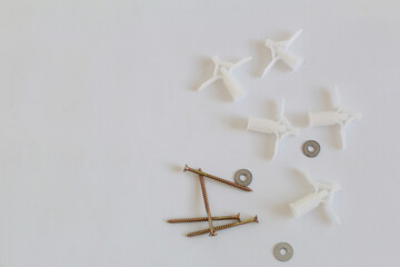 Plastic fixing plugs, washers and metal screws on white background