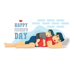Father and his son are sleeping together. the son hugging the father on top the father body. happy father's day flat design concept vector illustration.
