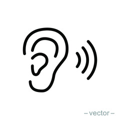 Ear vector icon, hearing symbol. Simple, flat design for web or mobile app
