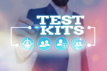 Word writing text Test Kits. Business photo showcasing tools used to detect the presence of something in the body Information digital technology network connection infographic elements icon