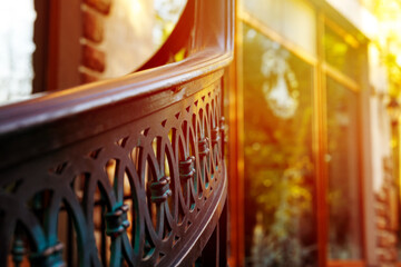 Blurred fragment of forged decorative railing. In the background is a blurred window