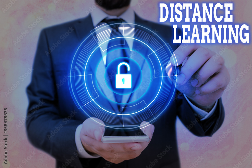 Poster handwriting text distance learning. conceptual photo educational lectures broadcasted over the inter