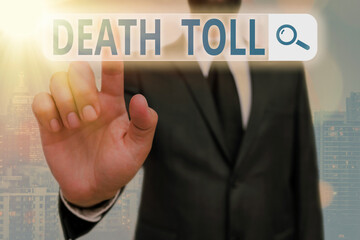 Conceptual hand writing showing Death Toll. Concept meaning the number of deaths resulting from a...