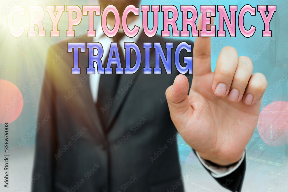 Aufkleber writing note showing cryptocurrency trading. business concept for act speculating on price movements