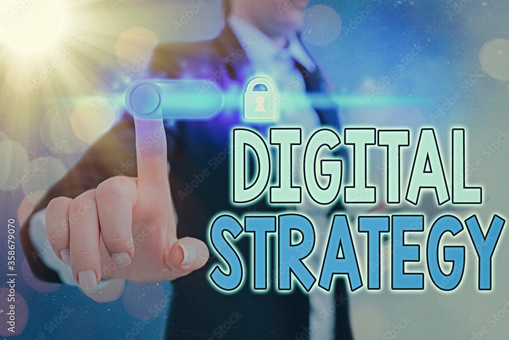 Aufkleber conceptual hand writing showing digital strategy. concept meaning focuses on using technology to imp