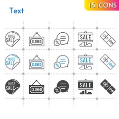 text icon set. included sale, chat, closed, discount icons on white background. linear, bicolor, filled styles.