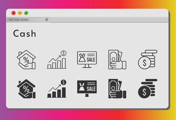 cash icon set. included profits, online shop, mortgage, money icons on white background. linear, filled styles.