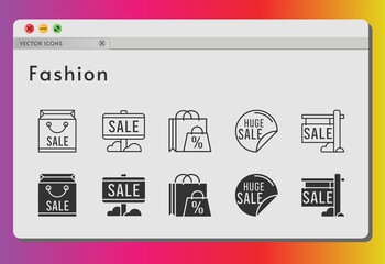 fashion icon set. included shopping bag, sale icons on white background. linear, filled styles.