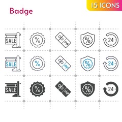 badge icon set. included sale, 24-hours, discount, warranty icons on white background. linear, bicolor, filled styles.