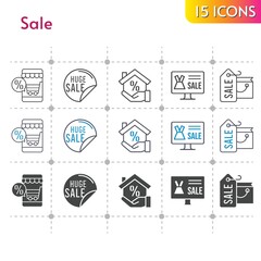 sale icon set. included online shop, shopping bag, sale, mortgage icons on white background. linear, bicolor, filled styles.