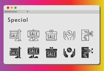 special icon set. included gift, sale, voucher, discount icons on white background. linear, filled styles.