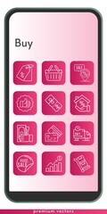 buy icon set. included profits, sale, mortgage, money, like, price tag, discount, placeholder, credit card, delivery truck, shopping basket, trolley icons on phone design background . linear styles.