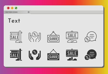 text icon set. included sale, chat, discount, closed icons on white background. linear, filled styles.