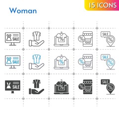 woman icon set. included online shop, jacket, placeholder icons on white background. linear, bicolor, filled styles.