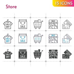 store icon set. included shopping bag, shirt, shop, shopping cart, credit card icons on white background. linear, bicolor, filled styles.