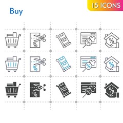 buy icon set. included online shop, mortgage, voucher, shopping cart, trolley icons on white background. linear, bicolor, filled styles.