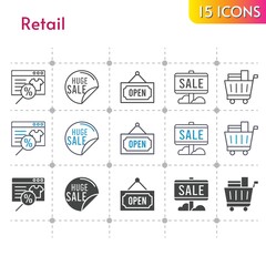 retail icon set. included online shop, sale, shopping cart, open icons on white background. linear, bicolor, filled styles.