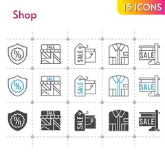 shop icon set. included shopping bag, sale, shop, shirt, warranty icons on white background. linear, bicolor, filled styles.