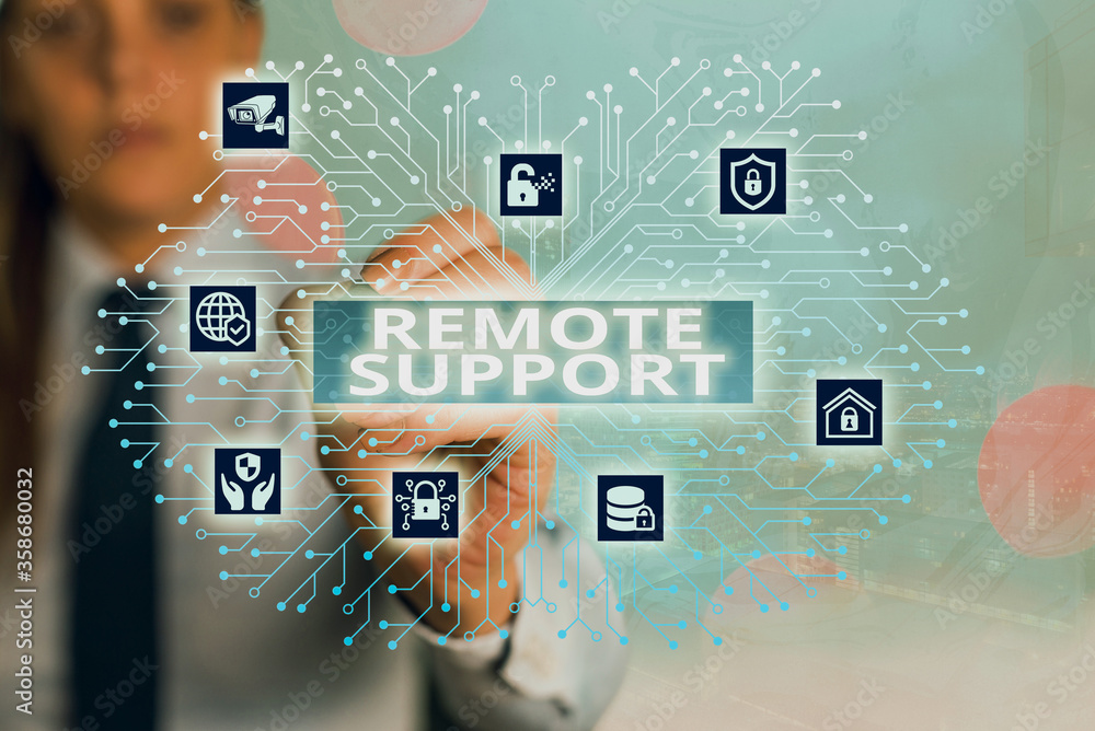 Poster word writing text remote support. business photo showcasing type of secure service, which permits re