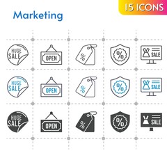 marketing icon set. included online shop, sale, price tag, warranty, open icons on white background. linear, bicolor, filled styles.