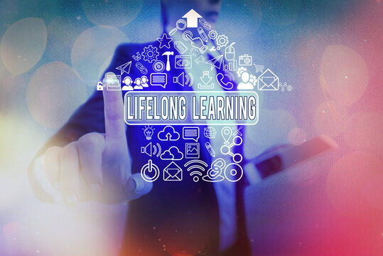 Conceptual hand writing showing Lifelong Learning. Concept meaning pursuit of knowledge for an individualal or professional reasons Information digital technology network infographic elements
